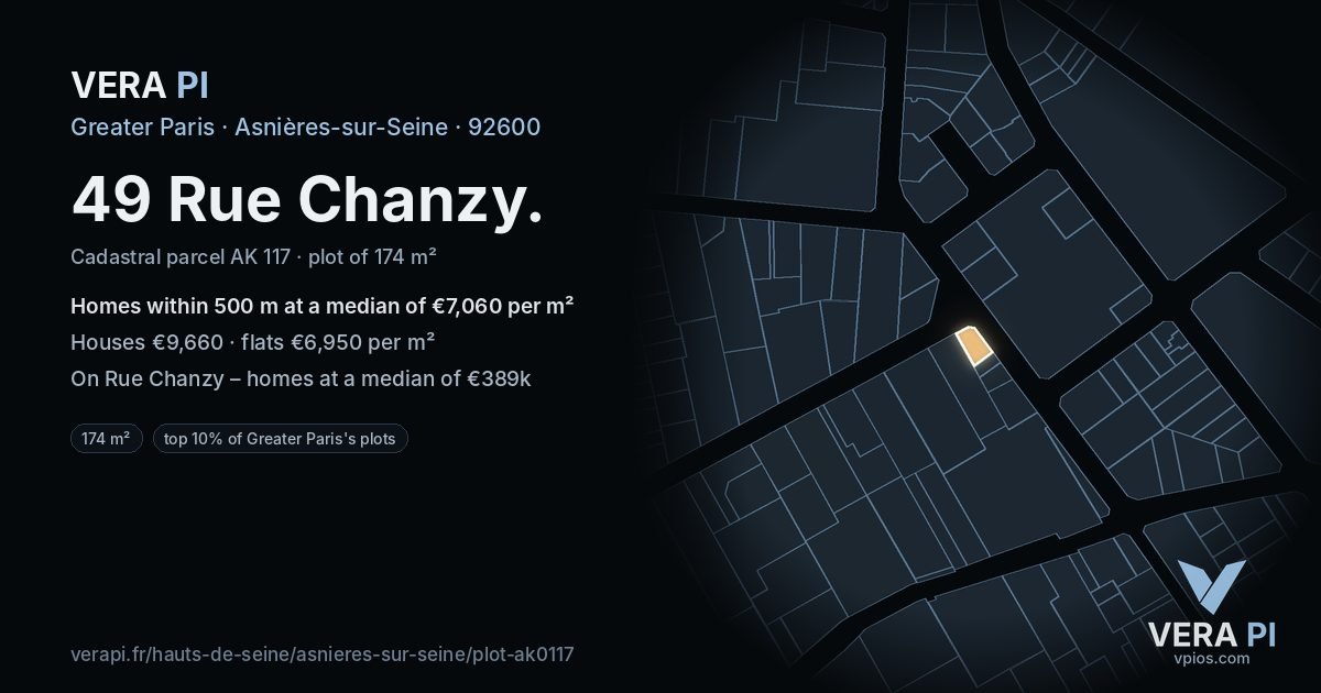49 Rue Chanzy, Asnières-sur-Seine at night – the plot lit, the parcels around coloured by the prices near them