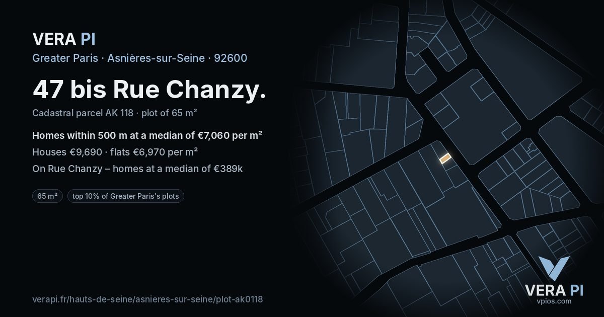47 bis Rue Chanzy, Asnières-sur-Seine at night – the plot lit, the parcels around coloured by the prices near them