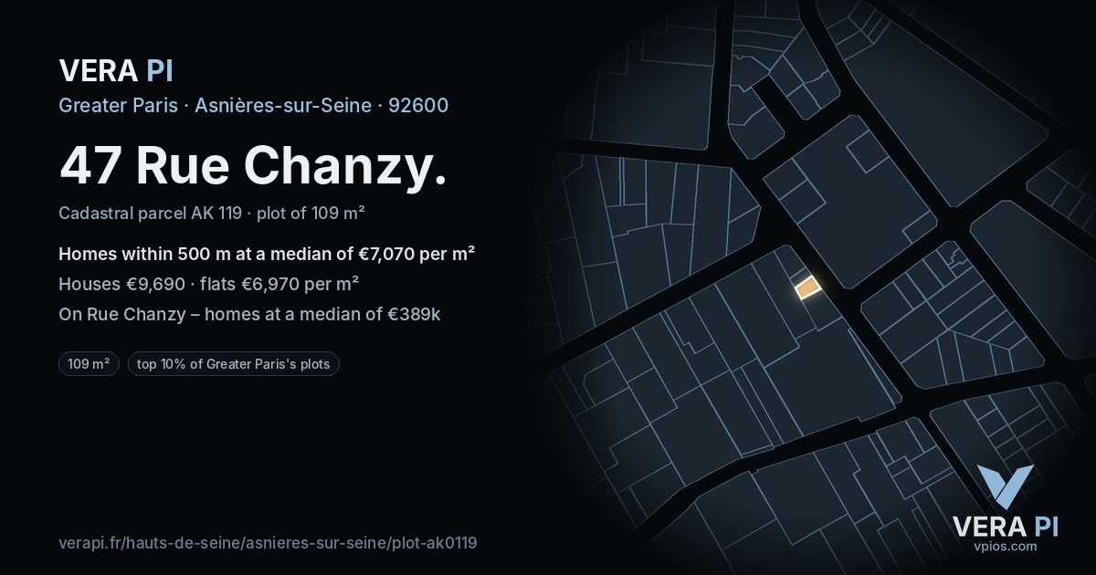 47 Rue Chanzy, Asnières-sur-Seine at night – the plot lit, the parcels around coloured by the prices near them