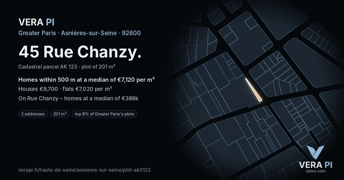 45 Rue Chanzy, Asnières-sur-Seine at night – the plot lit, the parcels around coloured by the prices near them
