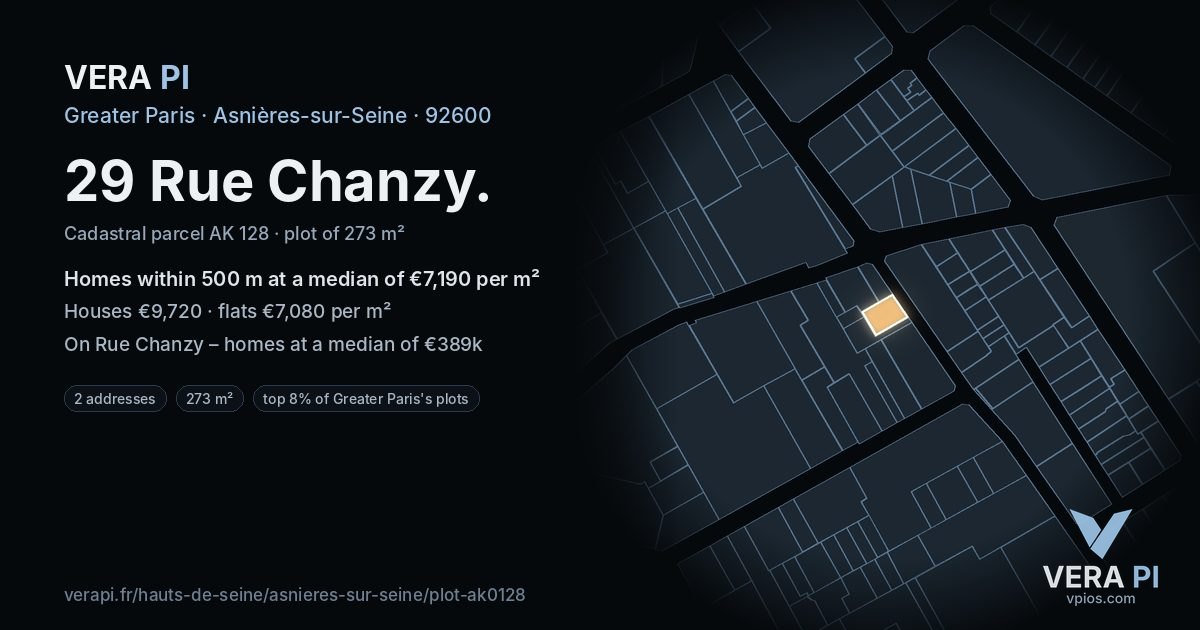 29 Rue Chanzy, Asnières-sur-Seine at night – the plot lit, the parcels around coloured by the prices near them