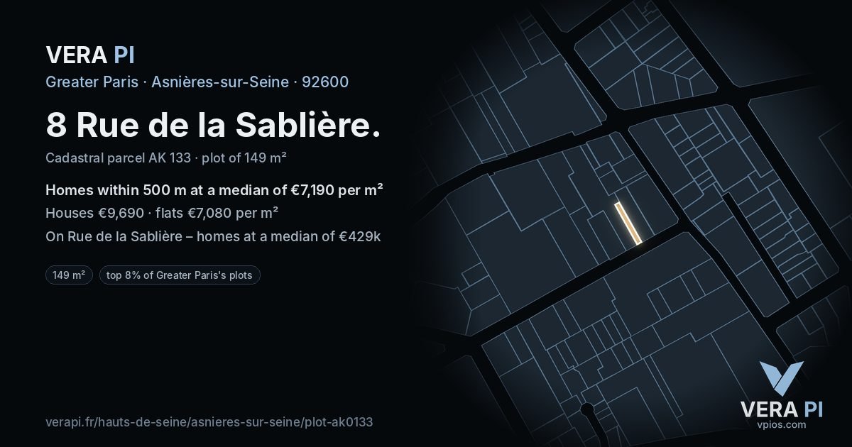 8 Rue de la Sablière, Asnières-sur-Seine at night – the plot lit, the parcels around coloured by the prices near them