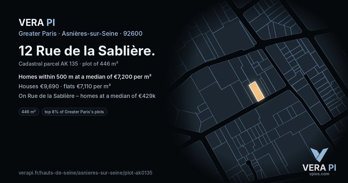 12 Rue de la Sablière, Asnières-sur-Seine at night – the plot lit, the parcels around coloured by the prices near them