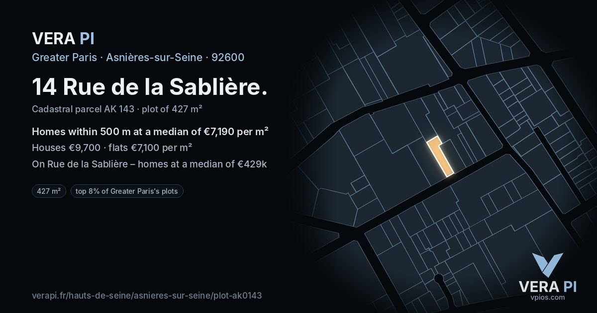 14 Rue de la Sablière, Asnières-sur-Seine at night – the plot lit, the parcels around coloured by the prices near them