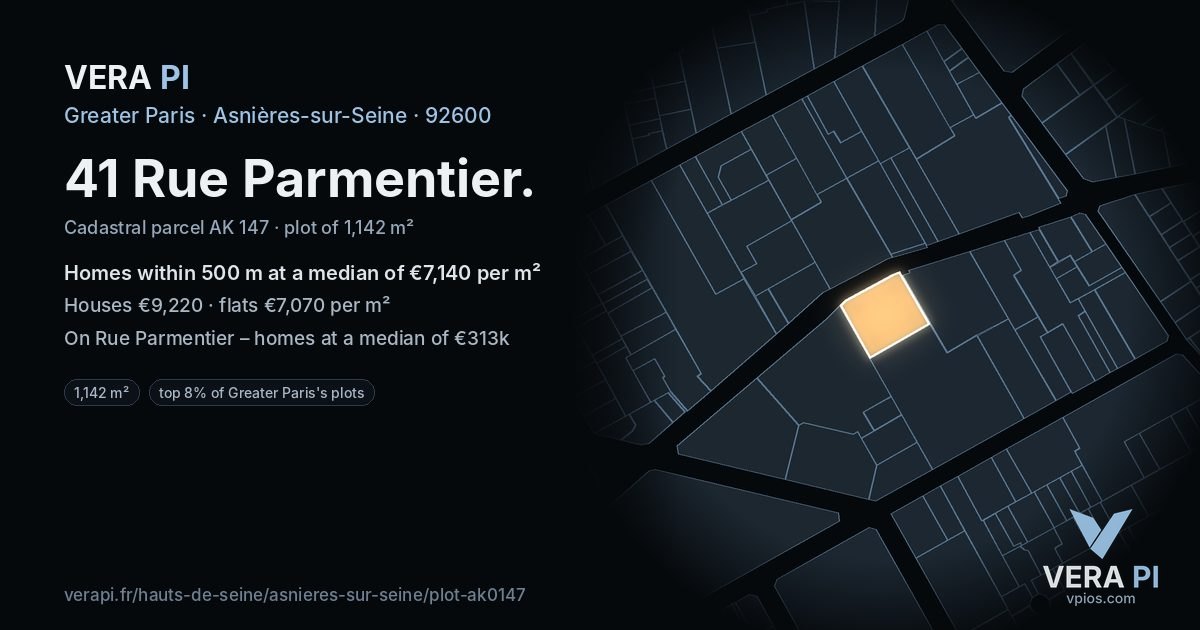 41 Rue Parmentier, Asnières-sur-Seine at night – the plot lit, the parcels around coloured by the prices near them