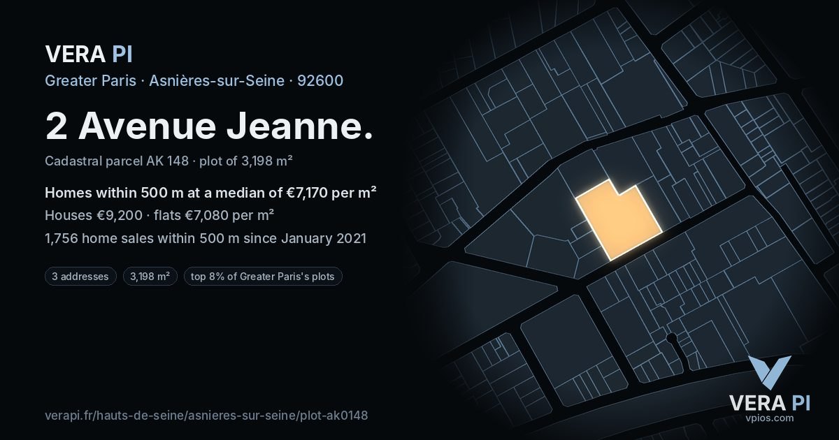 2 Avenue Jeanne, Asnières-sur-Seine at night – the plot lit, the parcels around coloured by the prices near them