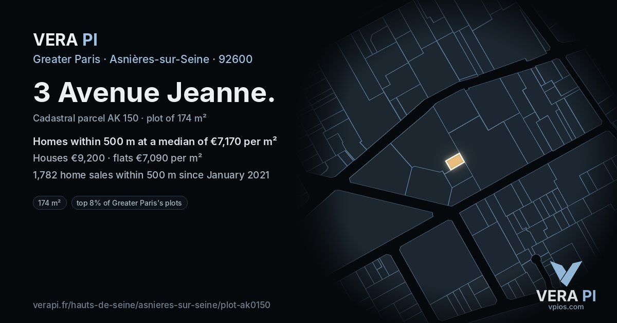 3 Avenue Jeanne, Asnières-sur-Seine at night – the plot lit, the parcels around coloured by the prices near them