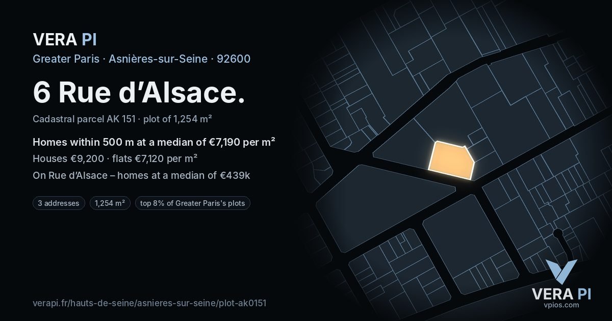 6 Rue d’Alsace, Asnières-sur-Seine at night – the plot lit, the parcels around coloured by the prices near them