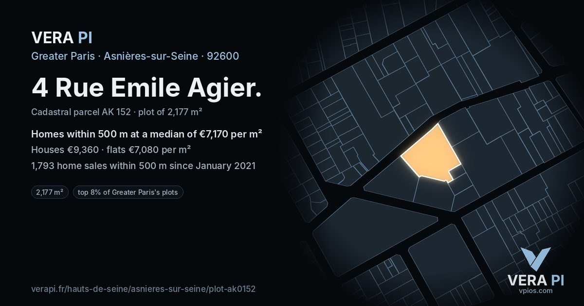 4 Rue Emile Agier, Asnières-sur-Seine at night – the plot lit, the parcels around coloured by the prices near them