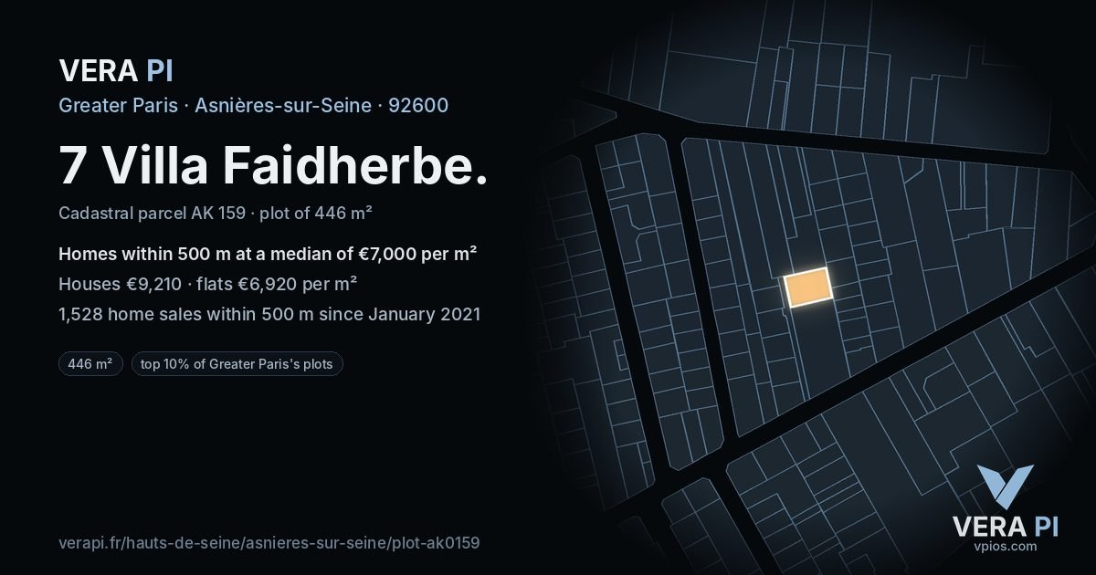 7 Villa Faidherbe, Asnières-sur-Seine at night – the plot lit, the parcels around coloured by the prices near them