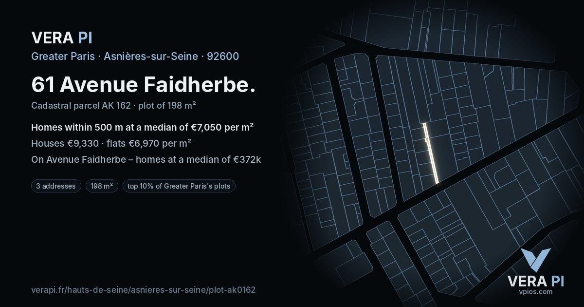 61 Avenue Faidherbe, Asnières-sur-Seine at night – the plot lit, the parcels around coloured by the prices near them