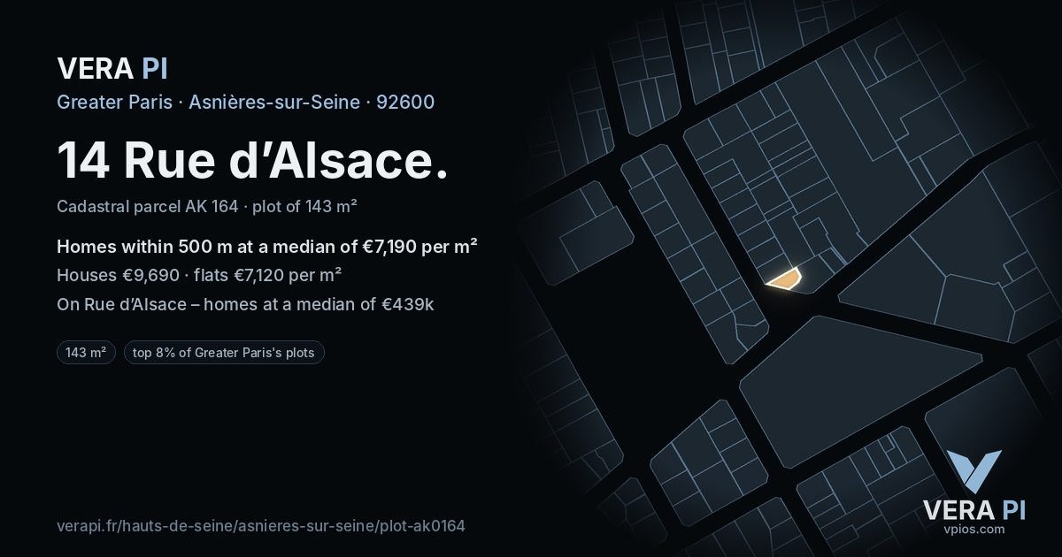14 Rue d’Alsace, Asnières-sur-Seine at night – the plot lit, the parcels around coloured by the prices near them