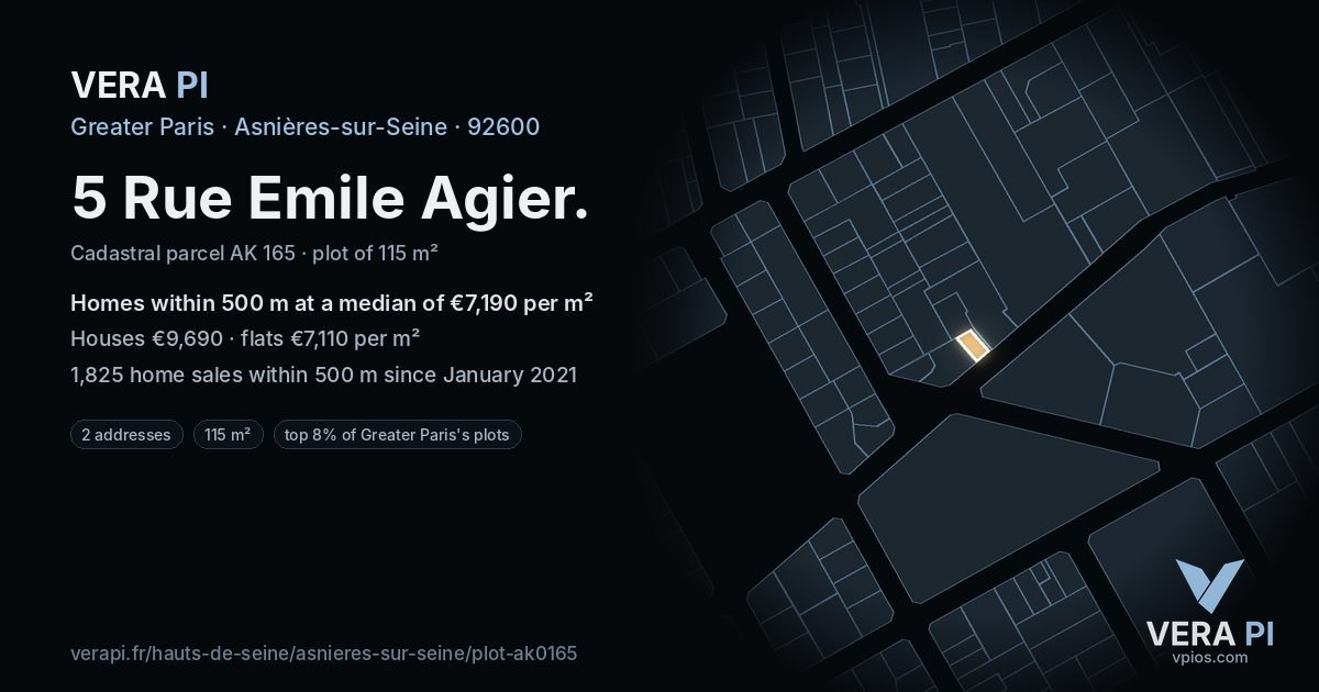 5 Rue Emile Agier, Asnières-sur-Seine at night – the plot lit, the parcels around coloured by the prices near them