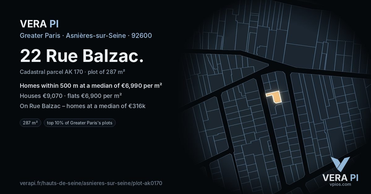 22 Rue Balzac, Asnières-sur-Seine at night – the plot lit, the parcels around coloured by the prices near them
