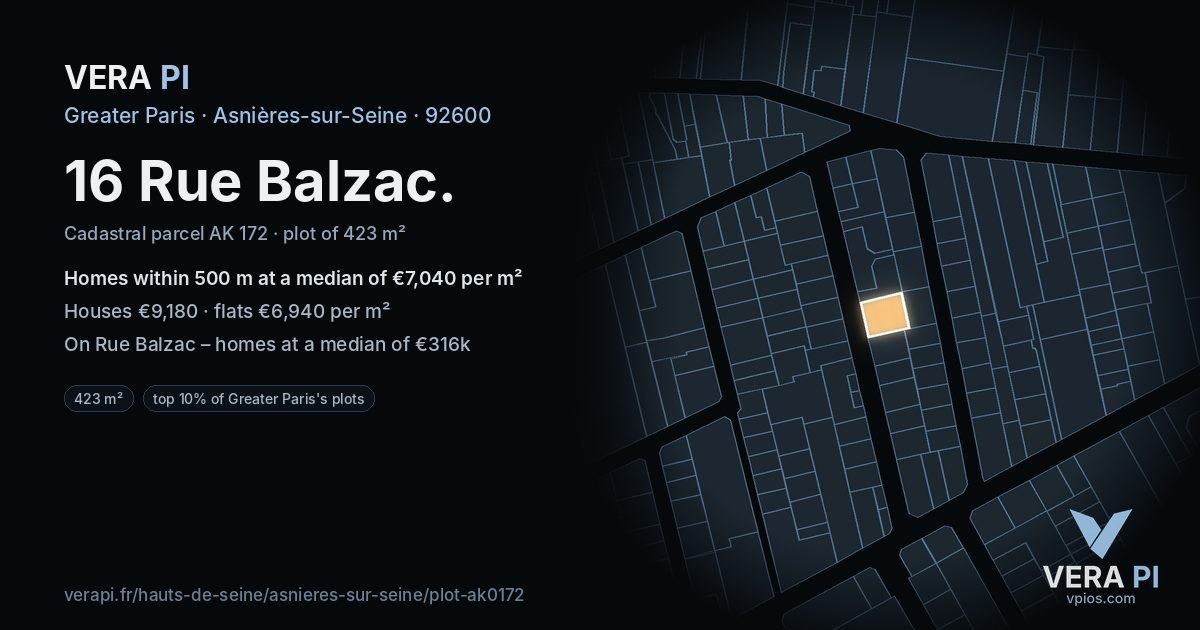 16 Rue Balzac, Asnières-sur-Seine at night – the plot lit, the parcels around coloured by the prices near them