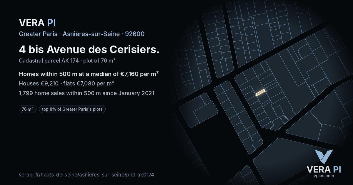 4 bis Avenue des Cerisiers, Asnières-sur-Seine at night – the plot lit, the parcels around coloured by the prices near them