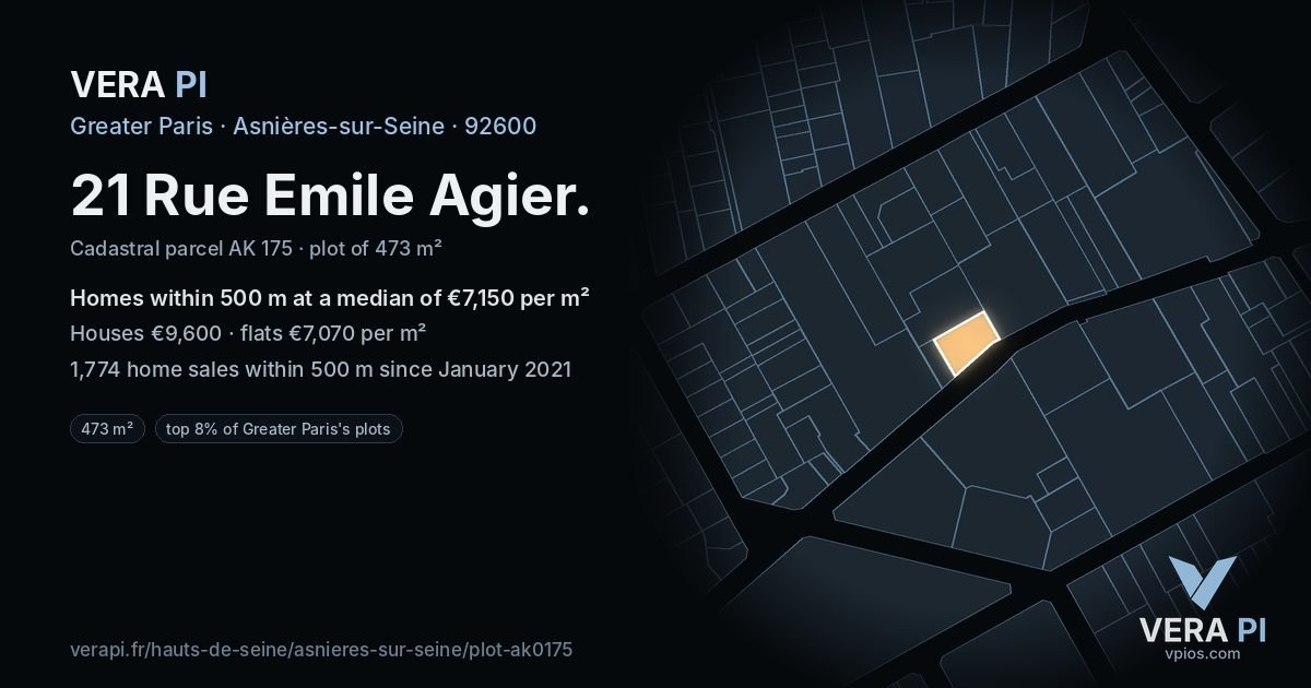 21 Rue Emile Agier, Asnières-sur-Seine at night – the plot lit, the parcels around coloured by the prices near them