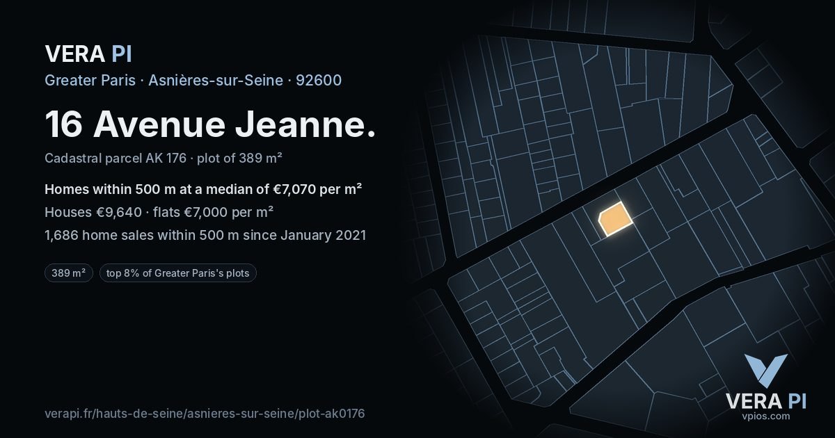16 Avenue Jeanne, Asnières-sur-Seine at night – the plot lit, the parcels around coloured by the prices near them