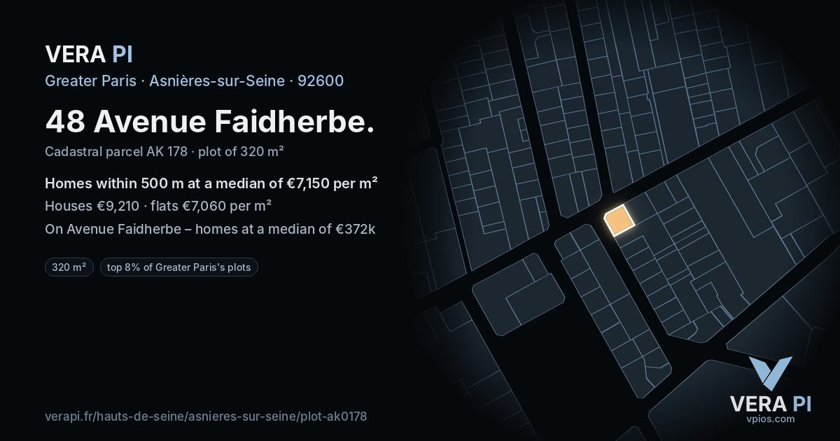 48 Avenue Faidherbe, Asnières-sur-Seine at night – the plot lit, the parcels around coloured by the prices near them