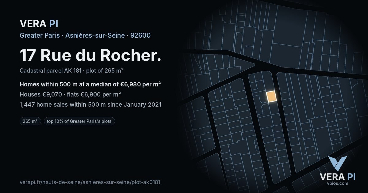 17 Rue du Rocher, Asnières-sur-Seine at night – the plot lit, the parcels around coloured by the prices near them