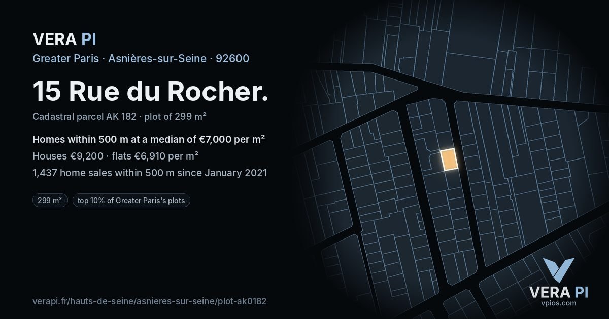 15 Rue du Rocher, Asnières-sur-Seine at night – the plot lit, the parcels around coloured by the prices near them