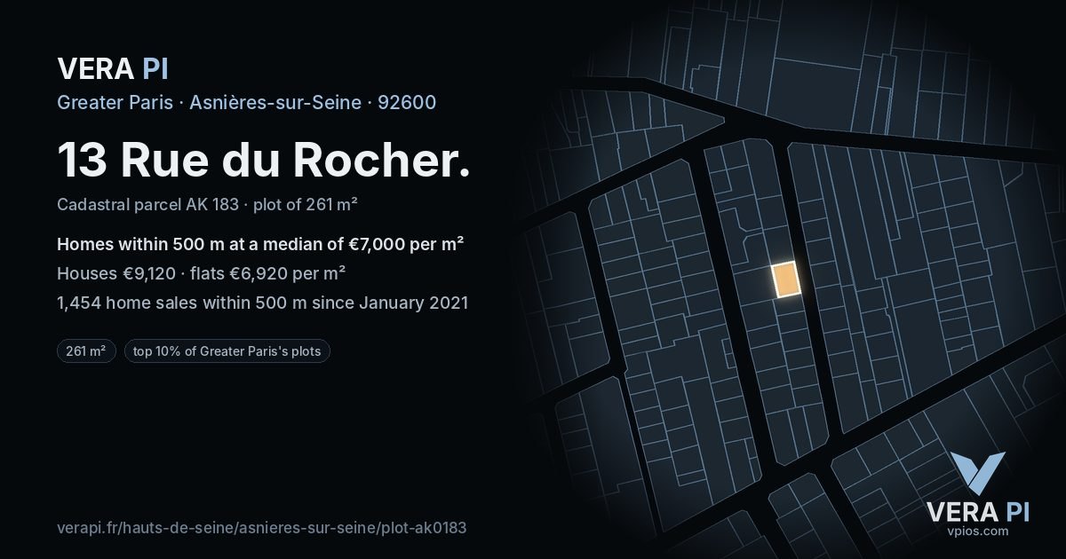 13 Rue du Rocher, Asnières-sur-Seine at night – the plot lit, the parcels around coloured by the prices near them