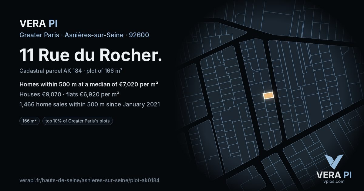 11 Rue du Rocher, Asnières-sur-Seine at night – the plot lit, the parcels around coloured by the prices near them