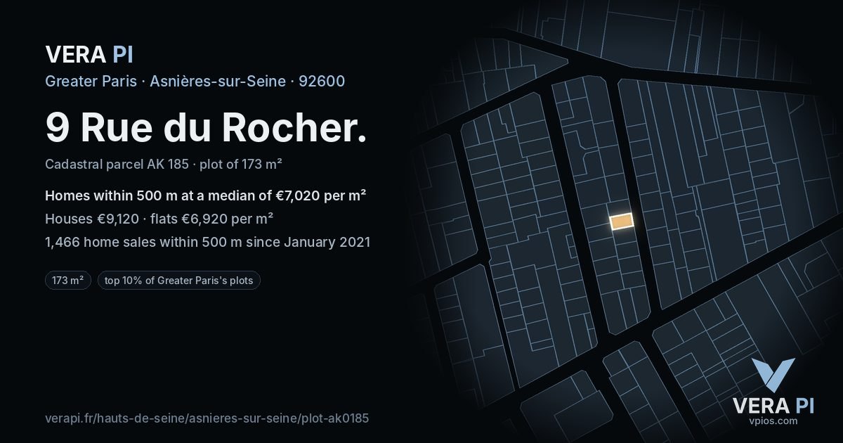 9 Rue du Rocher, Asnières-sur-Seine at night – the plot lit, the parcels around coloured by the prices near them