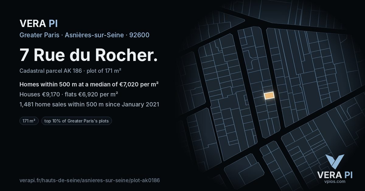 7 Rue du Rocher, Asnières-sur-Seine at night – the plot lit, the parcels around coloured by the prices near them