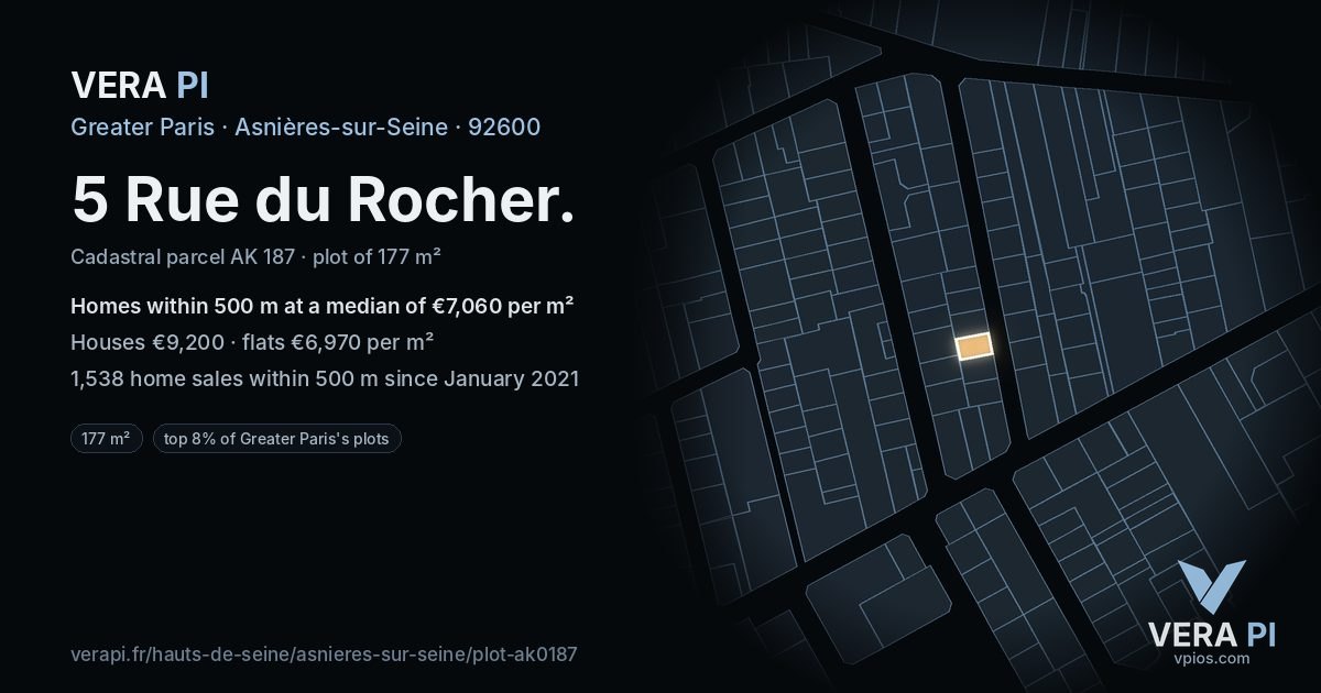 5 Rue du Rocher, Asnières-sur-Seine at night – the plot lit, the parcels around coloured by the prices near them