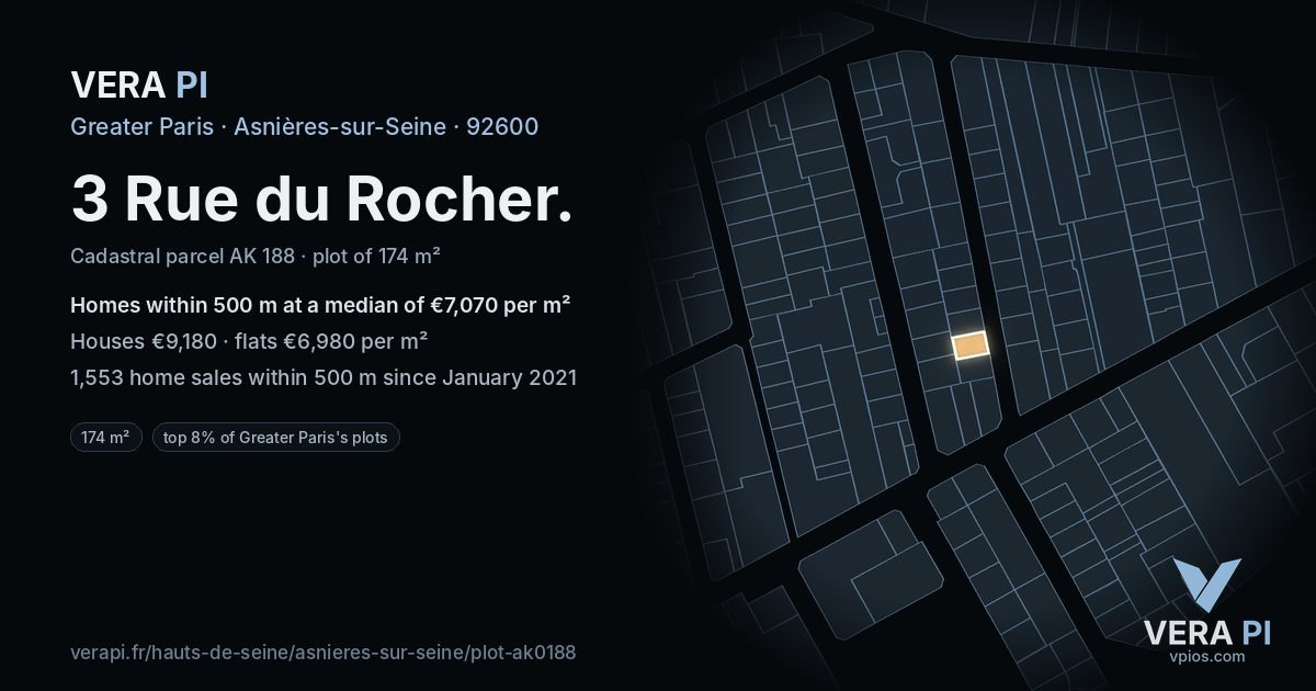 3 Rue du Rocher, Asnières-sur-Seine at night – the plot lit, the parcels around coloured by the prices near them