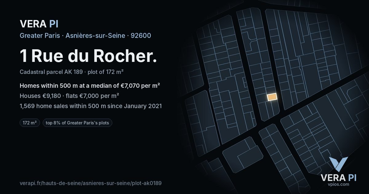 1 Rue du Rocher, Asnières-sur-Seine at night – the plot lit, the parcels around coloured by the prices near them