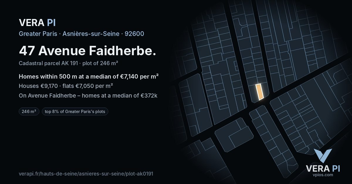 47 Avenue Faidherbe, Asnières-sur-Seine at night – the plot lit, the parcels around coloured by the prices near them