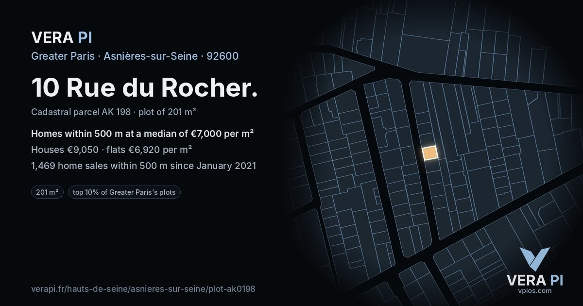 10 Rue du Rocher, Asnières-sur-Seine at night – the plot lit, the parcels around coloured by the prices near them