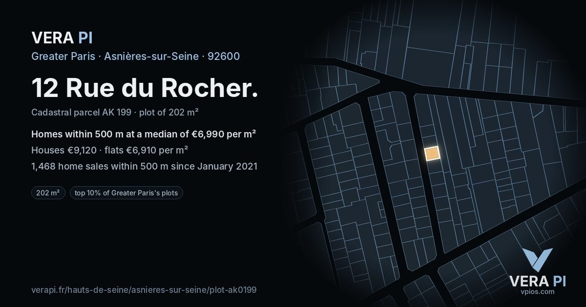 12 Rue du Rocher, Asnières-sur-Seine at night – the plot lit, the parcels around coloured by the prices near them