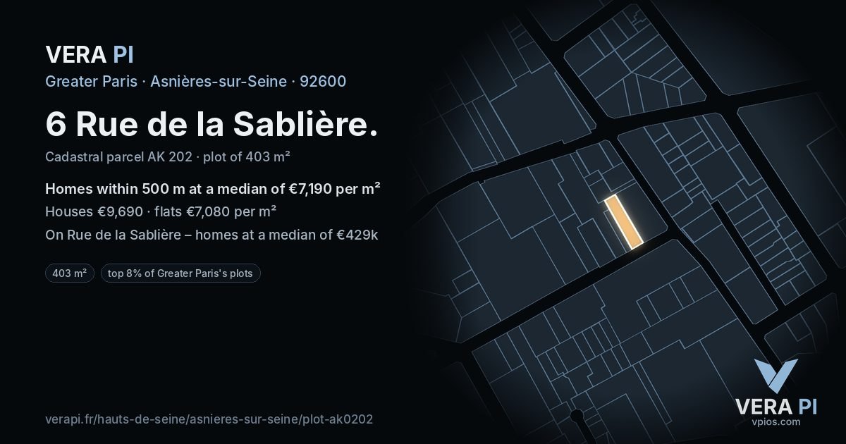6 Rue de la Sablière, Asnières-sur-Seine at night – the plot lit, the parcels around coloured by the prices near them