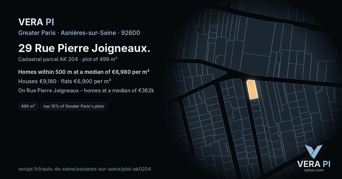 29 Rue Pierre Joigneaux, Asnières-sur-Seine at night – the plot lit, the parcels around coloured by the prices near them