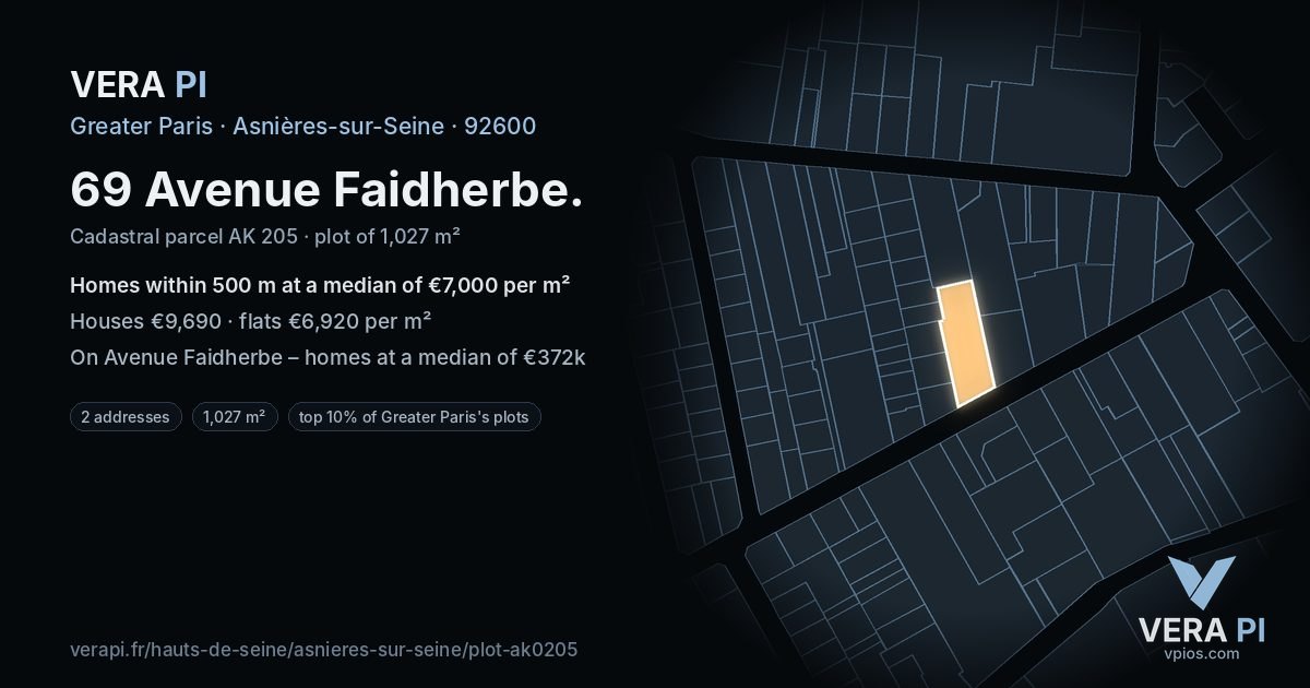 69 Avenue Faidherbe, Asnières-sur-Seine at night – the plot lit, the parcels around coloured by the prices near them