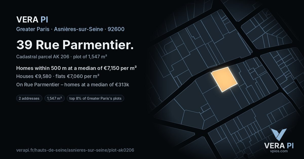39 Rue Parmentier, Asnières-sur-Seine at night – the plot lit, the parcels around coloured by the prices near them