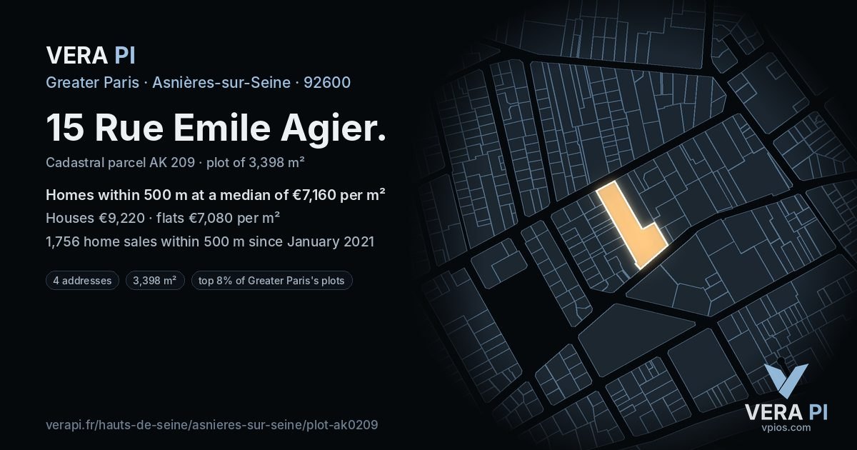 15 Rue Emile Agier, Asnières-sur-Seine at night – the plot lit, the parcels around coloured by the prices near them