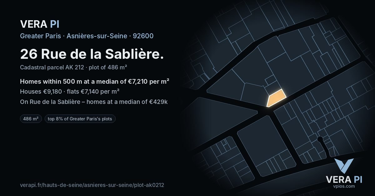 26 Rue de la Sablière, Asnières-sur-Seine at night – the plot lit, the parcels around coloured by the prices near them