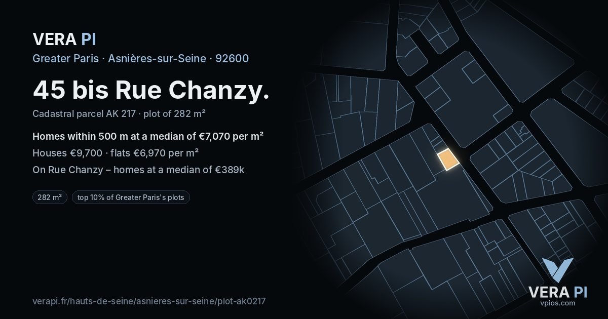 45 bis Rue Chanzy, Asnières-sur-Seine at night – the plot lit, the parcels around coloured by the prices near them