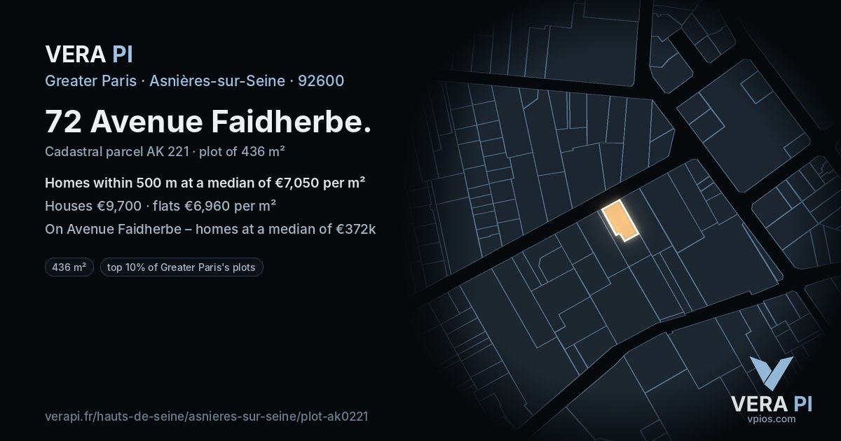 72 Avenue Faidherbe, Asnières-sur-Seine at night – the plot lit, the parcels around coloured by the prices near them