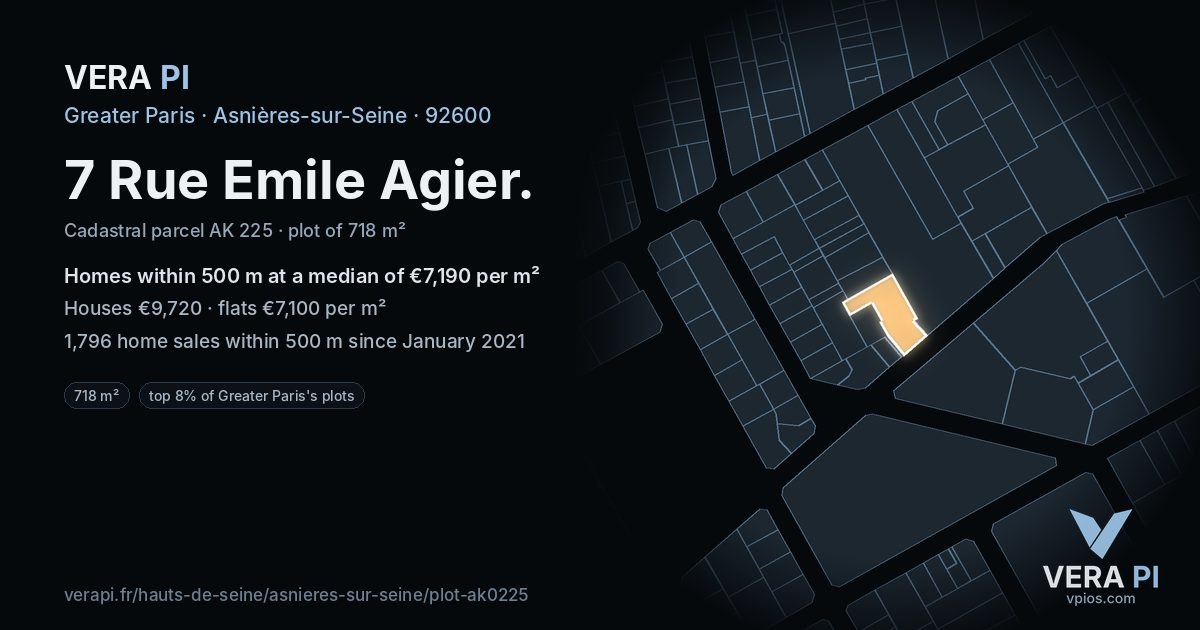 7 Rue Emile Agier, Asnières-sur-Seine at night – the plot lit, the parcels around coloured by the prices near them