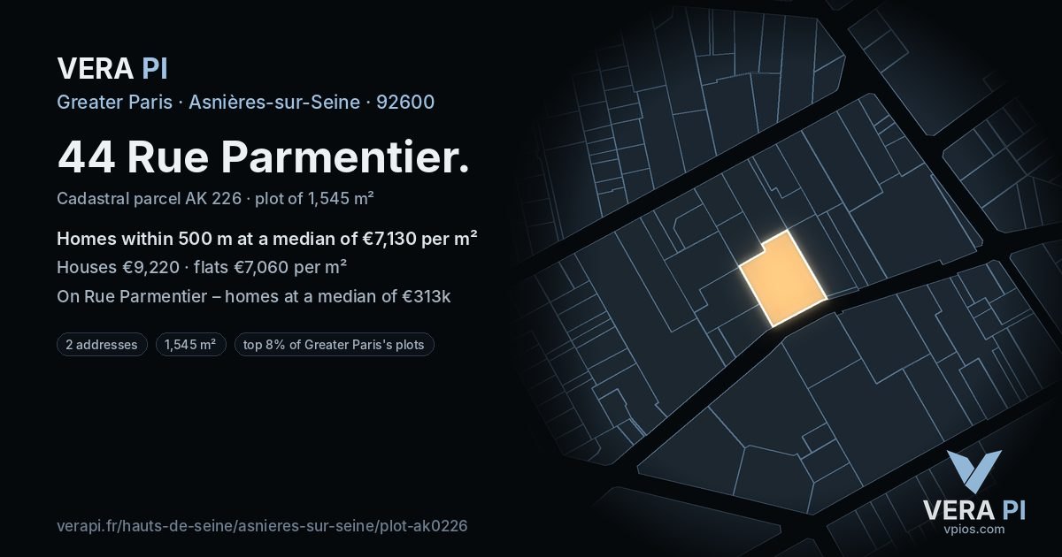 44 Rue Parmentier, Asnières-sur-Seine at night – the plot lit, the parcels around coloured by the prices near them