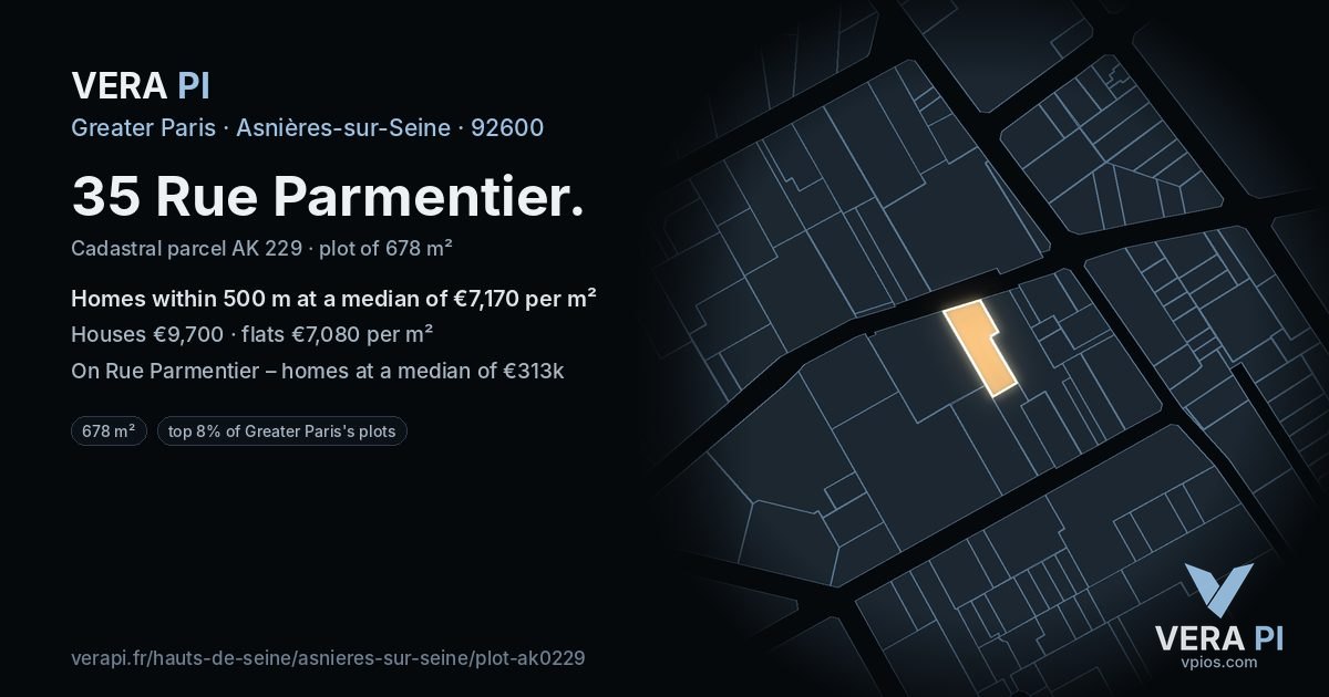 35 Rue Parmentier, Asnières-sur-Seine at night – the plot lit, the parcels around coloured by the prices near them