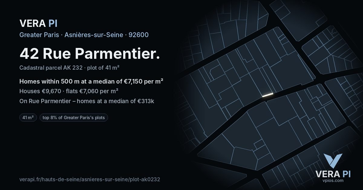 42 Rue Parmentier, Asnières-sur-Seine at night – the plot lit, the parcels around coloured by the prices near them
