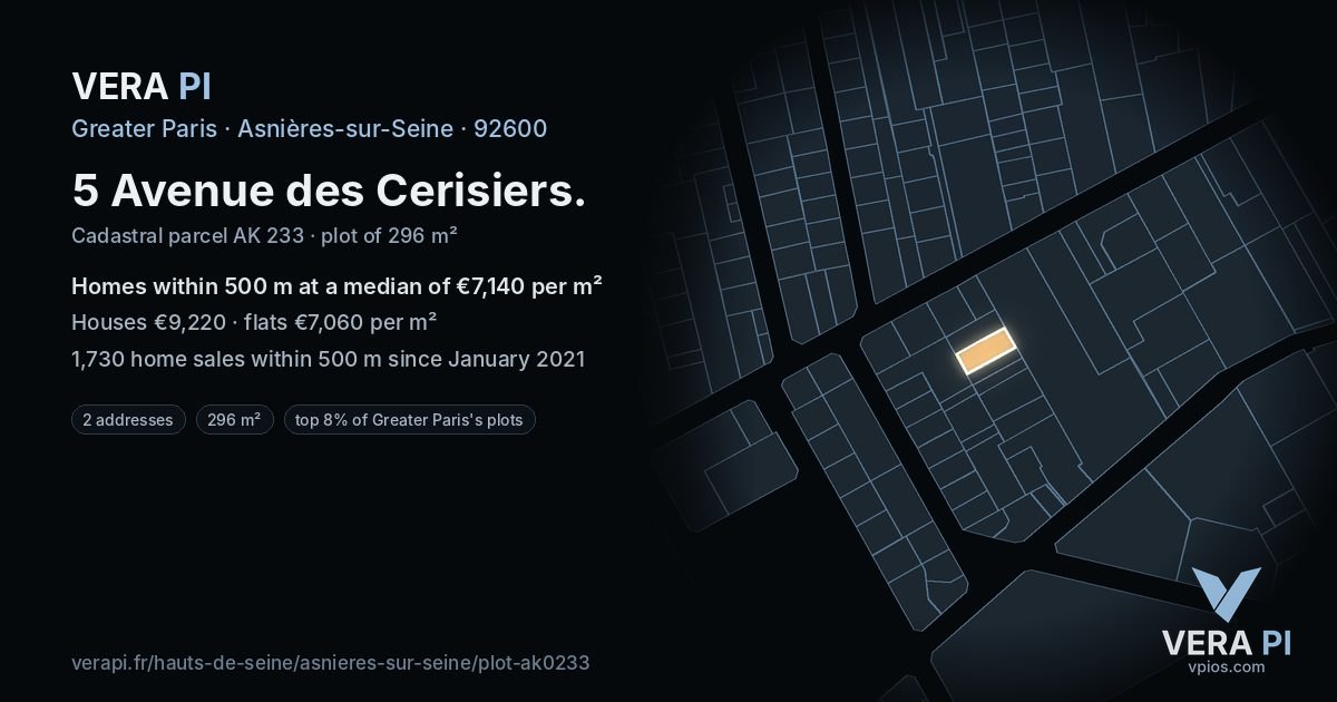 5 Avenue des Cerisiers, Asnières-sur-Seine at night – the plot lit, the parcels around coloured by the prices near them