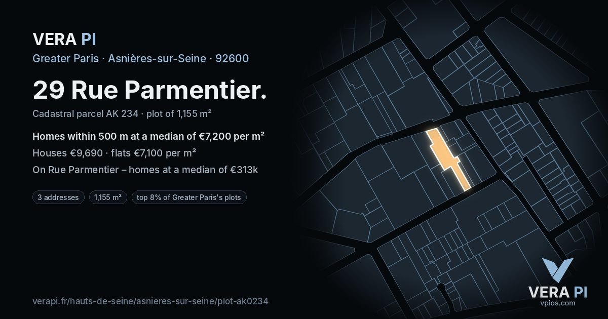 29 Rue Parmentier, Asnières-sur-Seine at night – the plot lit, the parcels around coloured by the prices near them