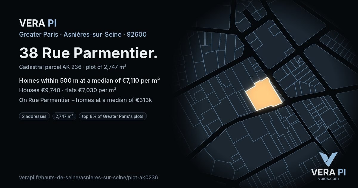 38 Rue Parmentier, Asnières-sur-Seine at night – the plot lit, the parcels around coloured by the prices near them